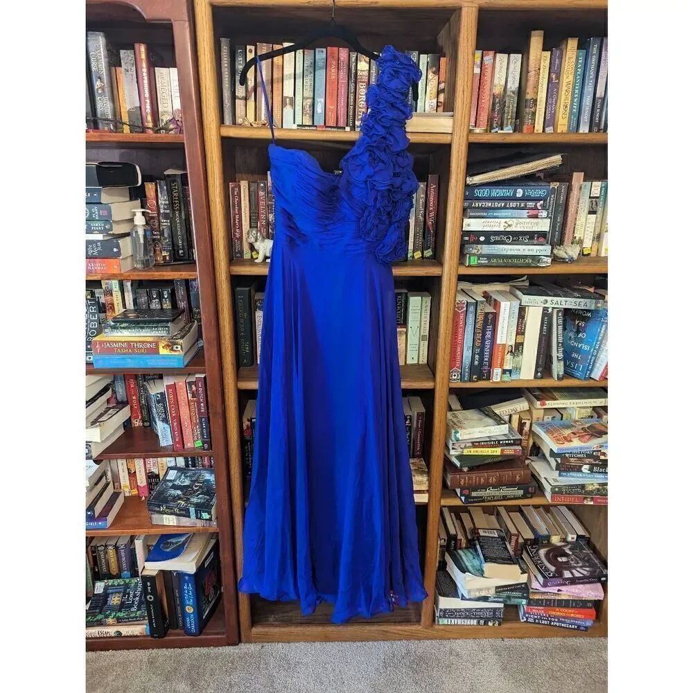Jovani 100% Silk One Shoulder Formal Gown Dress Elegant Blue Women’s Size 10